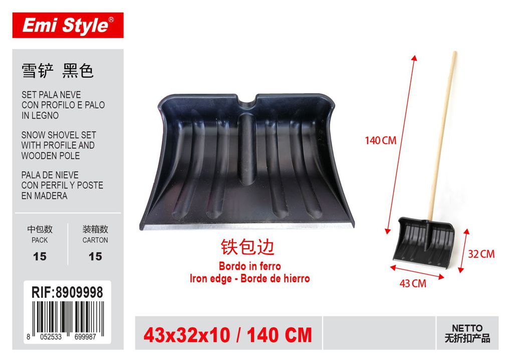 SET PALA NEVE NERA CON PROFILO E PALO IN LEGNO 140CM