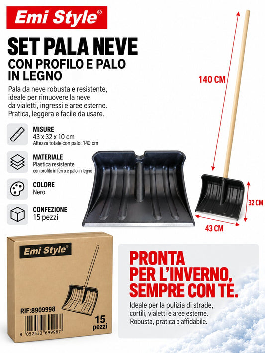 SET PALA NEVE NERA CON PROFILO E PALO IN LEGNO 140CM