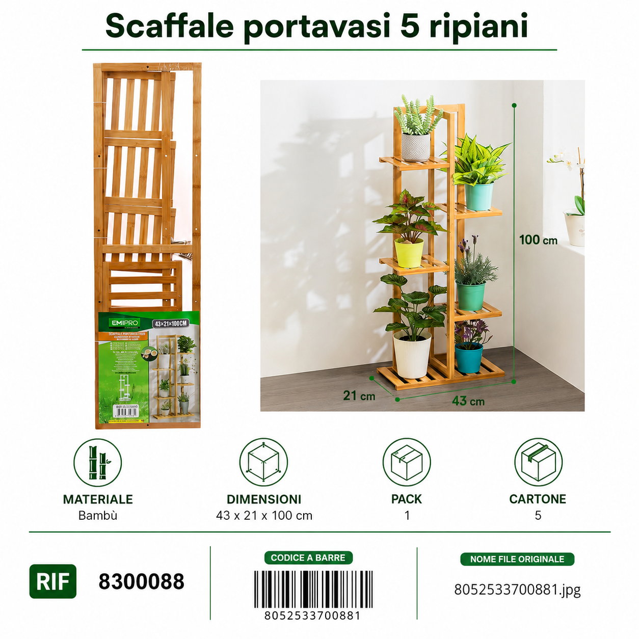 Scaffale Portavasi 5 Ripiani 43*21*100cm