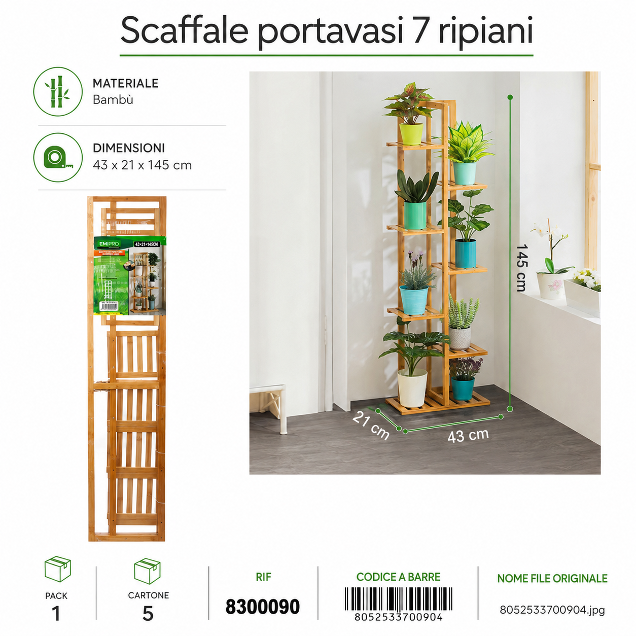 Scaffale Portavasi 7 Ripiani 43*21*145cm