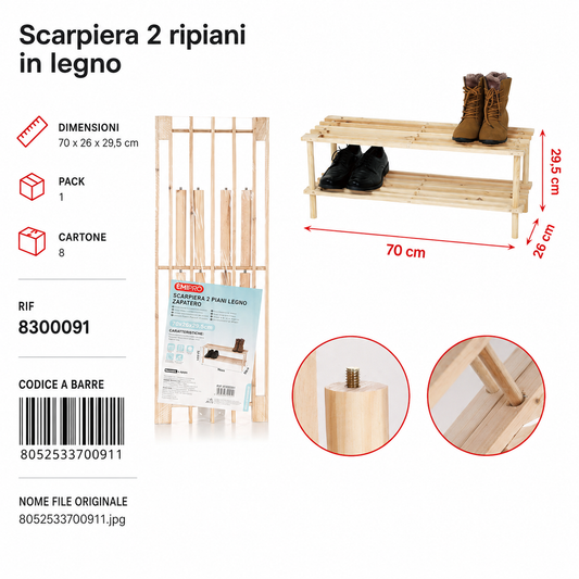 Scarpiera 2 Piani Legno 70*26*29.5cm