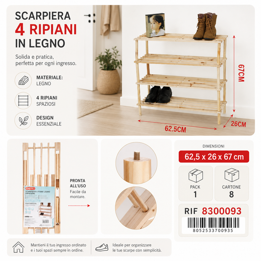 Scarpiera 4 Piani Legn 62.5*26*67cm