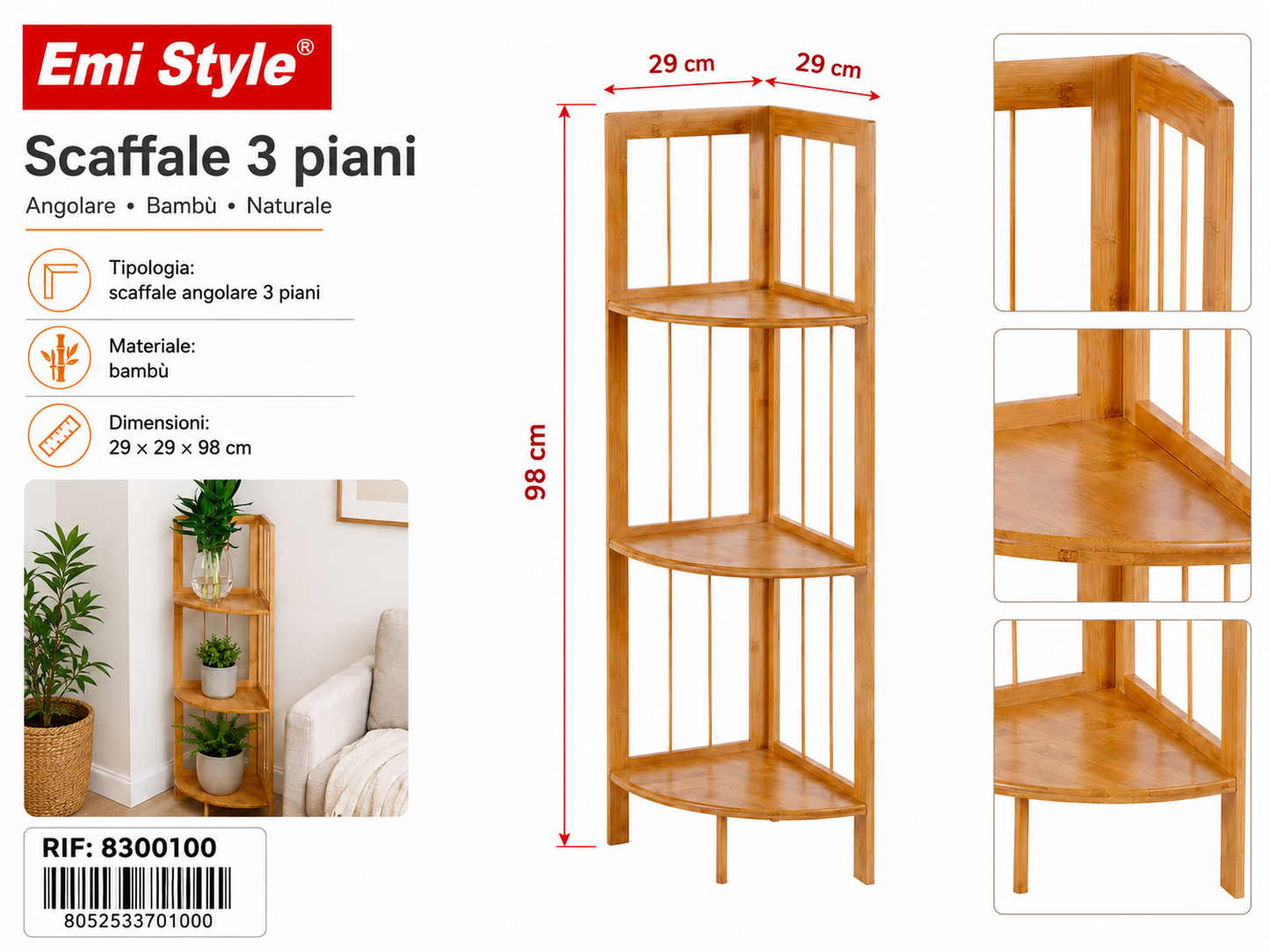 Scaffale 3 Piani 29*29*98cm