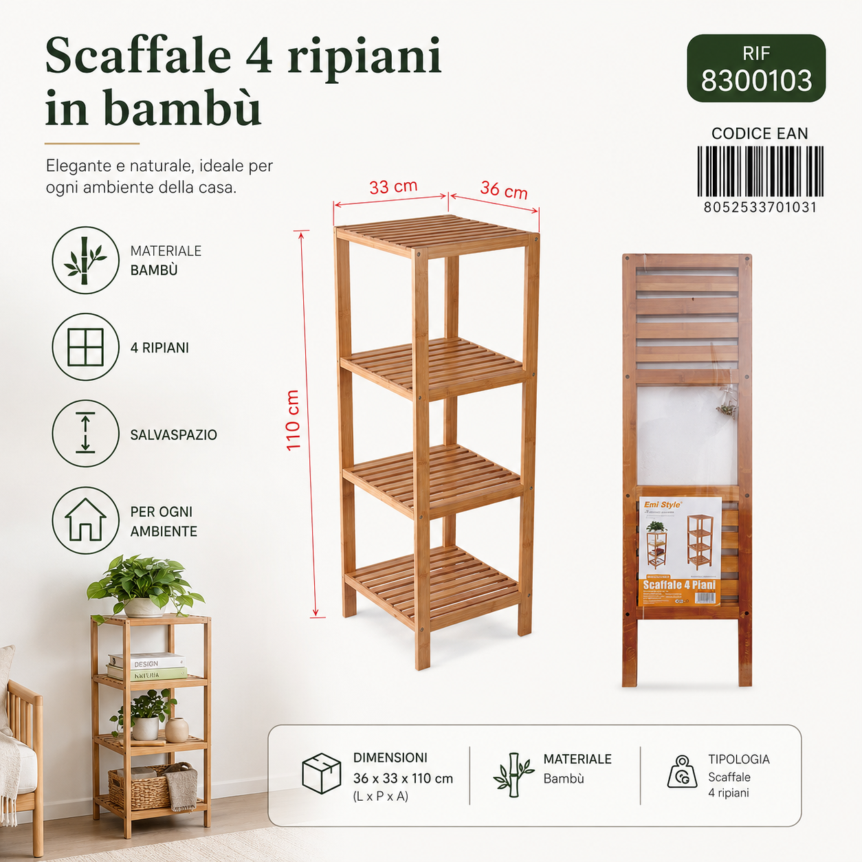 Scaffale 4 Piani 36*33*110cm
