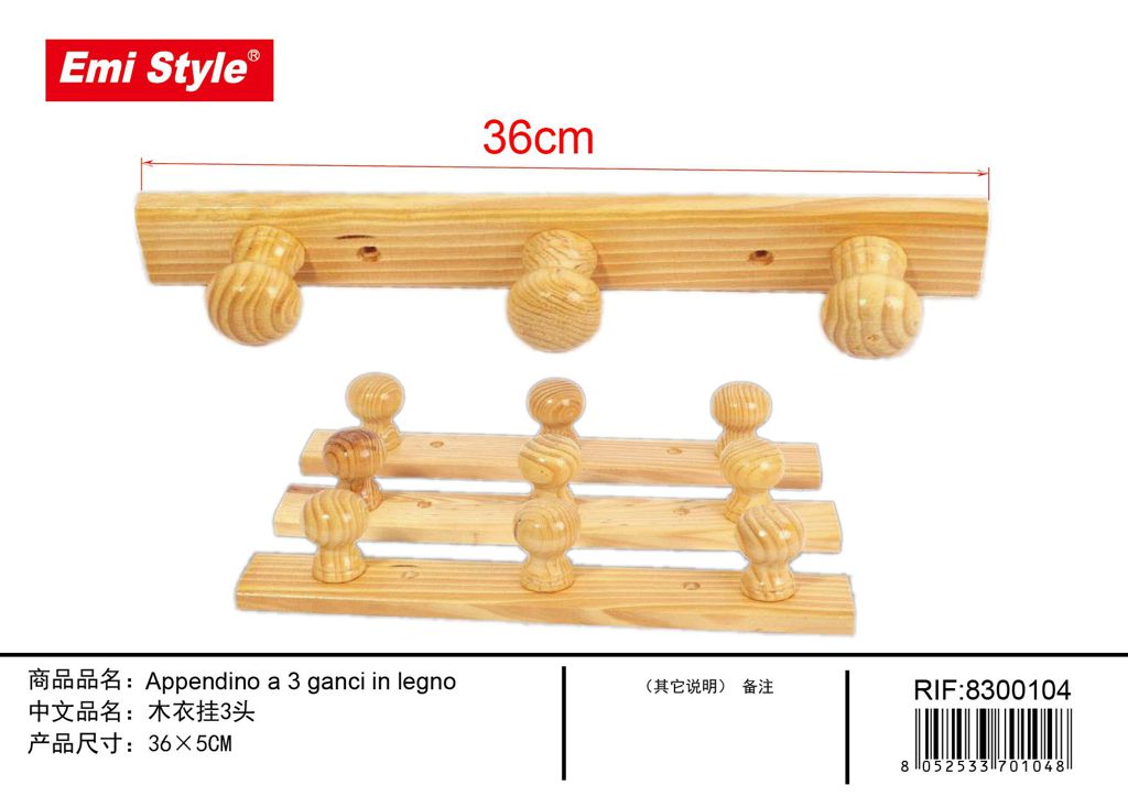 Appendino A 3 Ganci In Legno 36*5cm