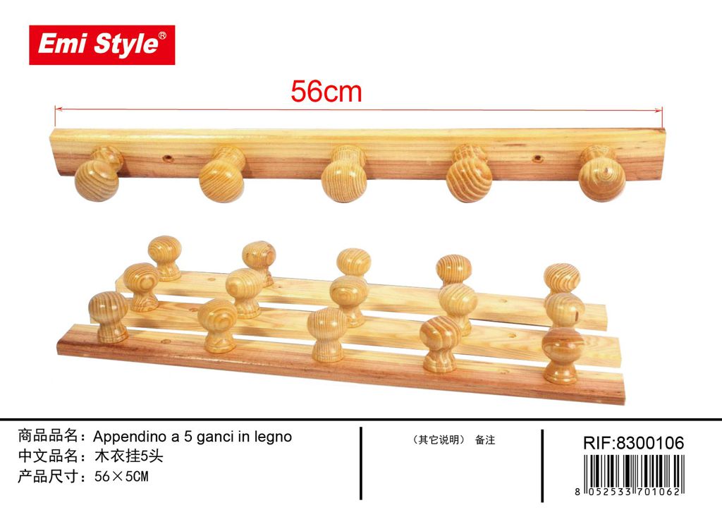 Appendino A 5 Ganci In Legno 56*5cm