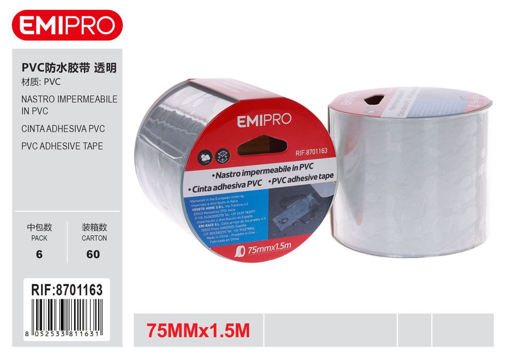 Nastro Impermeabile In Pvc 7,5 cm*1,5 M Trasparente
