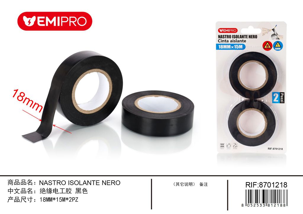 Nastro Isolante Nero 18mm*15M *2Pz
