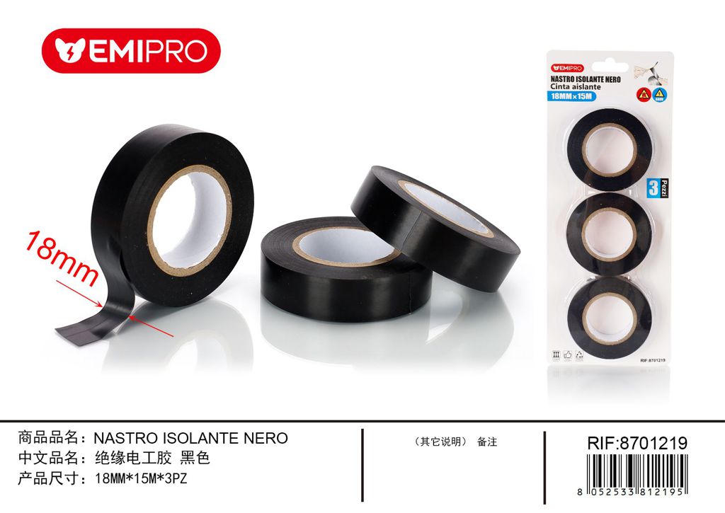 Nastro Isolante Nero18mm*15M *3Pz