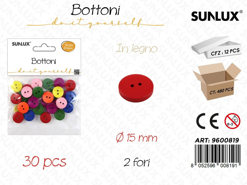 Sunlux Bottoni Legno Col. Ass. 30PCS D.15MM