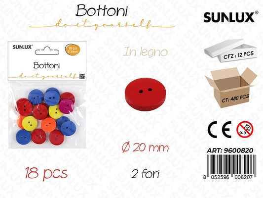 Sunlux Bottoni in Legno Col. Ass. 18PCS D.20MM
