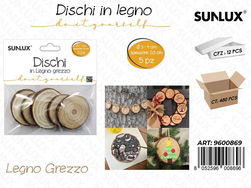 Sunlux Dischi in Legno Grezzo 5PCS D.3-4*0.5CM