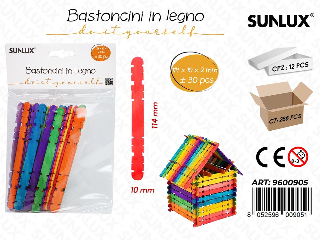 Sunlux Bastoncini in Legno Col. Ass. 30PCS 114*10*2MM