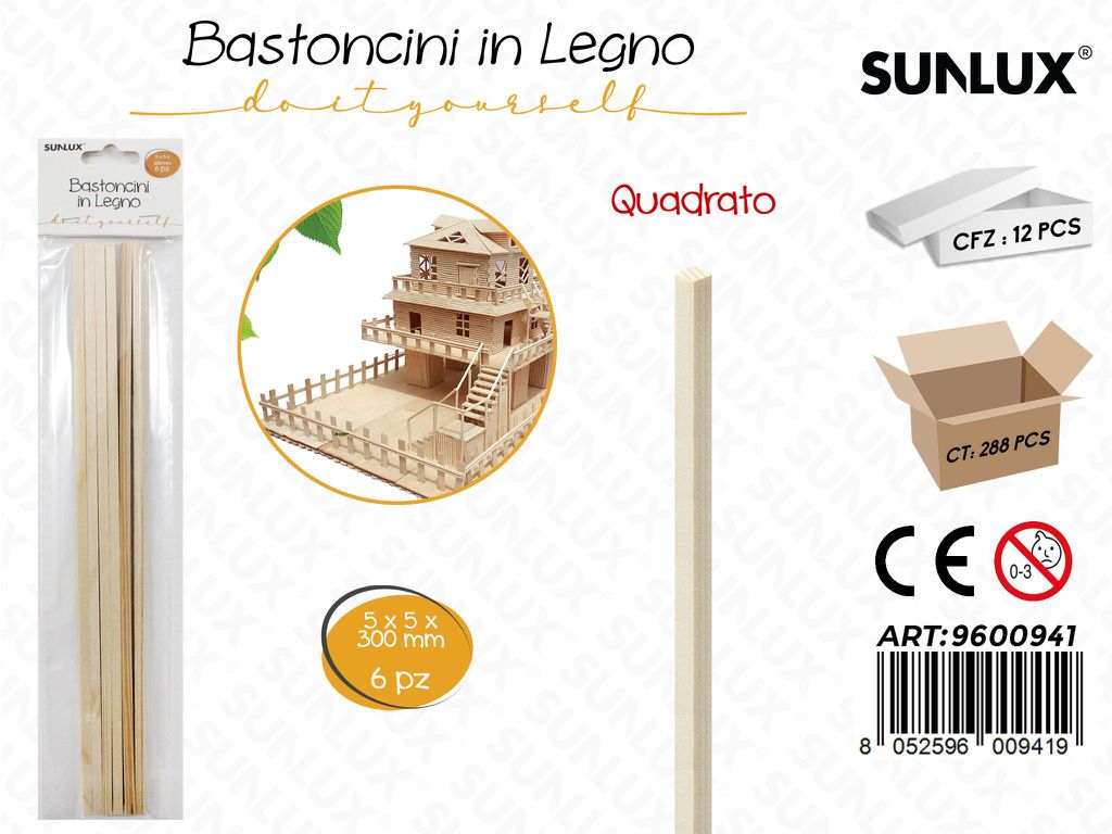 Sunlux Bastoncini Legno Quad. 6PCS 5*5*300MM