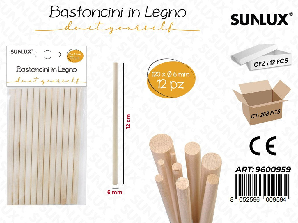 Sunlux Bastoncini in Legno 12PCS D.6*120MM