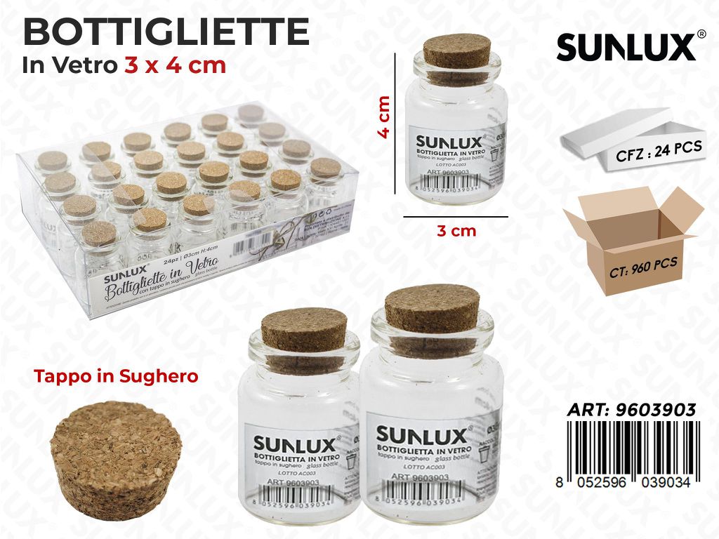 Sunlux Bottigliette in Vetro c/Tappo Sughero 3*4CM