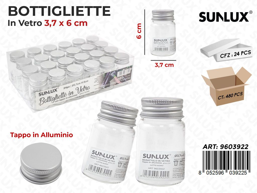 Sunlux Bottigliette Vetro c/Tappo Allum. 3.7*6CM