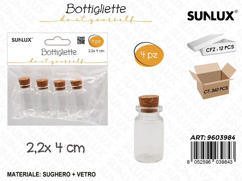 Sunlux Bottigliette in Vetro c/Tappo Sughero 4PCS 2.2*4