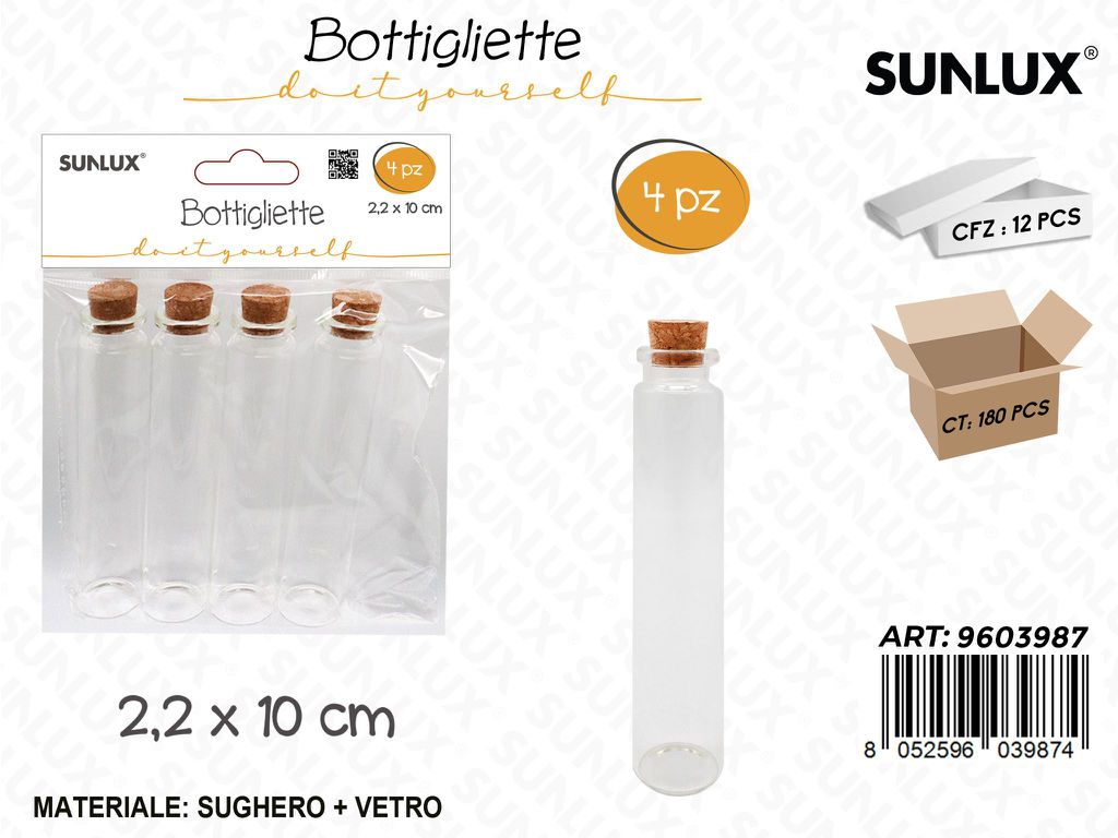 Sunlux Bottigliette in Vetro c/Tappo Sughero 4PCS 2.2*10CM