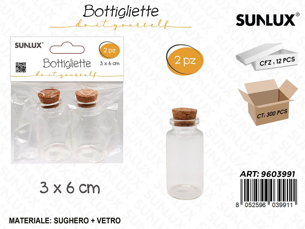 Sunlux Bottigliette in Vetro c/Tappo Sughero 2PCS 3*6CM