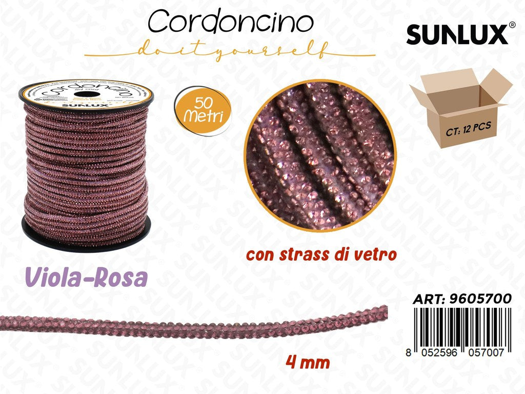 Sunlux Cordoncino Diy Rosa Viola c/Strass Vetro 4MM*50MT