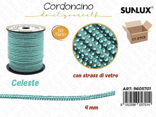 Sunlux Cordoncino Diy Celeste c/Strass Vetro 4MM*50MT