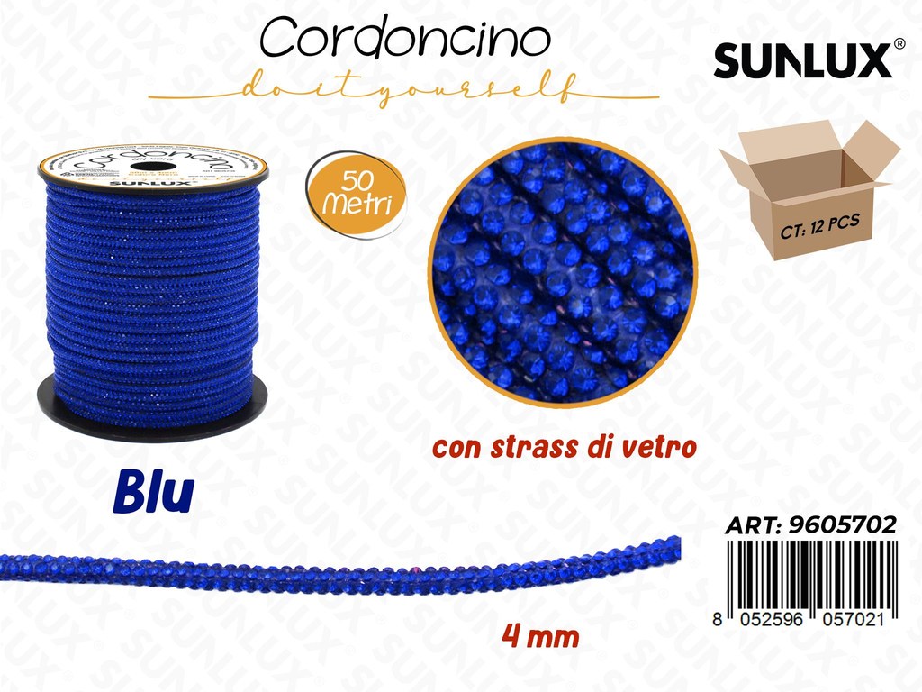 Sunlux Cordoncino Diy Blu c/Strass Vetro 4MM*50MT