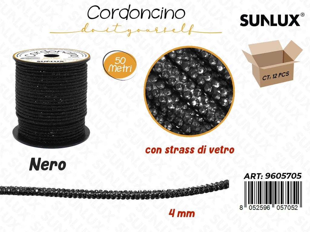Sunlux Cordoncino Diy Nero c/Strass Vetro 4MM*50MT
