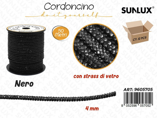 Sunlux Cordoncino Diy Nero c/Strass Vetro 4MM*50MT