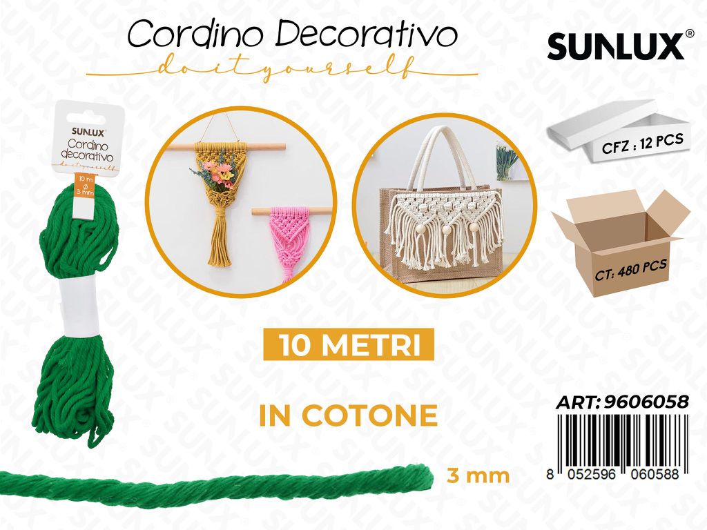 Sunlux Cordino Dec. in Cotone Verde Scu. 3MM*10MT