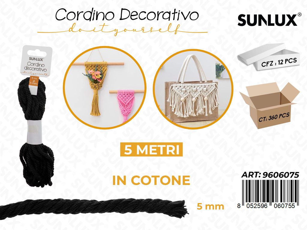 Sunlux Cordino Dec. in Cotone Nero 5MM*5MT