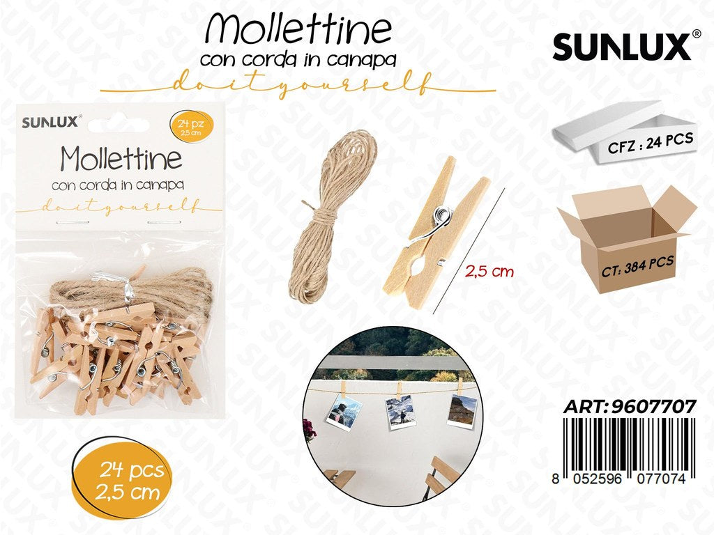 Sunlux Mollettine Legno c/ Corda Canapa 24PCS 2.5CM