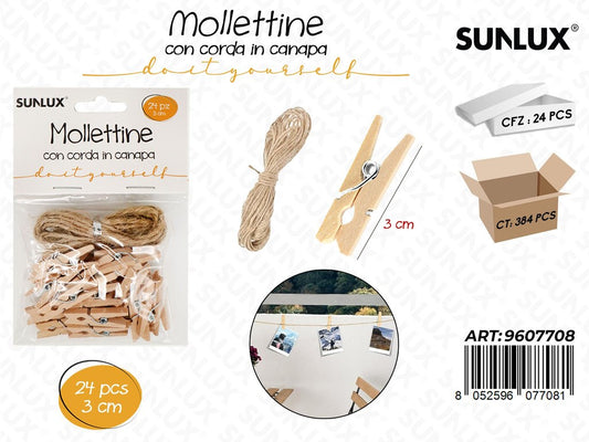 Mollettine Legno c/ Corda Canapa 24PCS 3CM