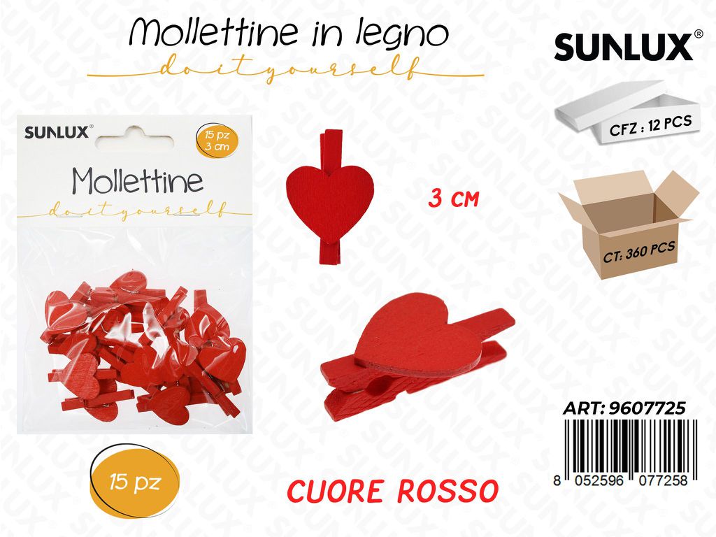 Sunlux Mollettine in Legno Cuore 15PCS 3CM