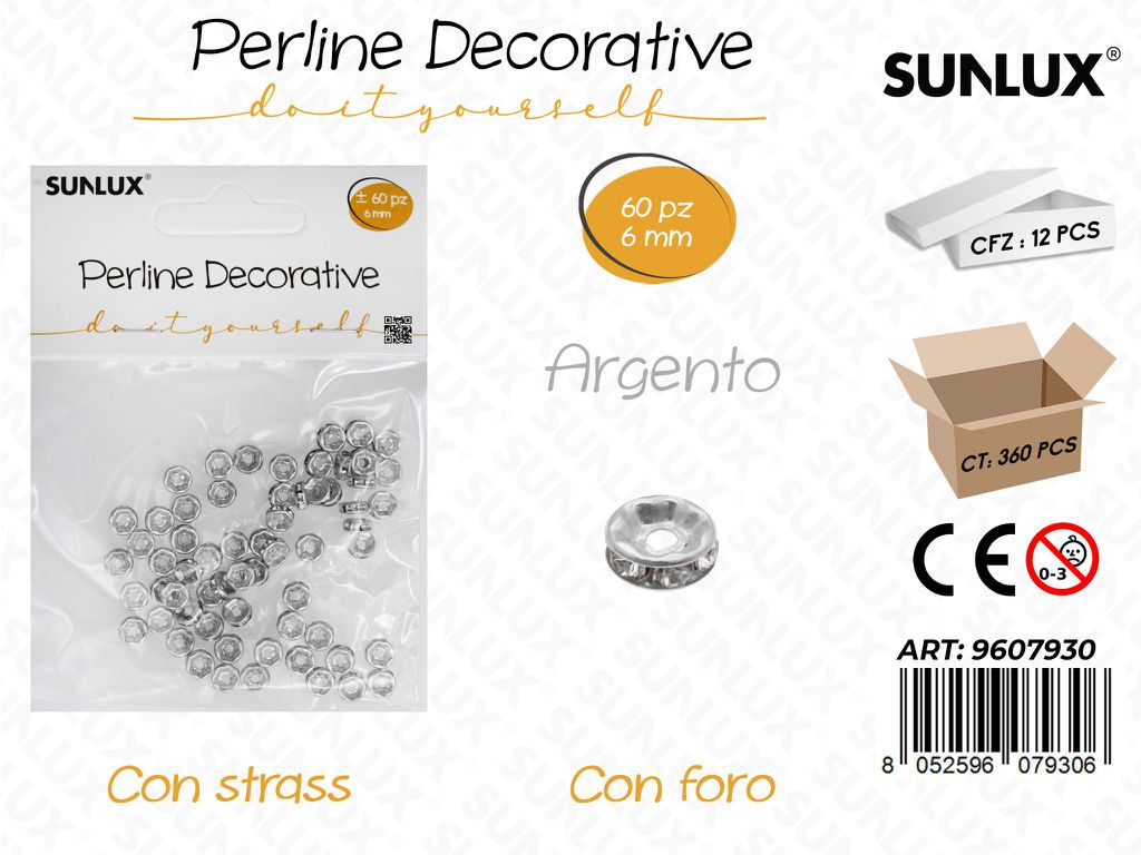 Sunlux Perline Dec. c/ Foro-strass Arg. 60PCS 6MM