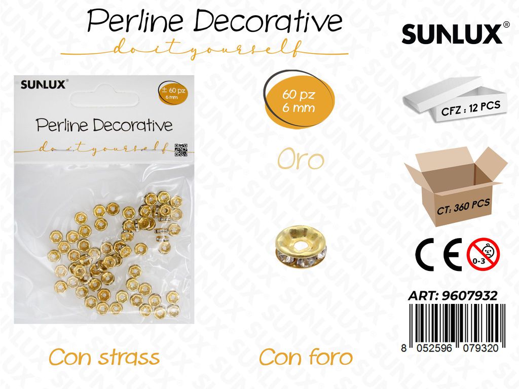 Sunlux Perline Dec. c/ Foro-strass Oro 60PCS 6MM