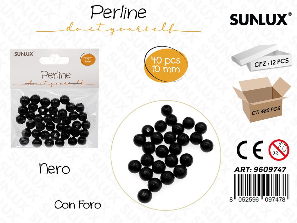 Sunlux Perline Dec. Forate Nero 40PCS 10MM