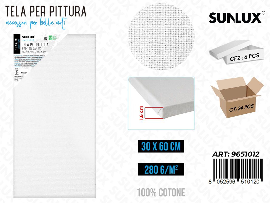 Sunlux Tela per Pittura 30*60CM 16MM 280GR