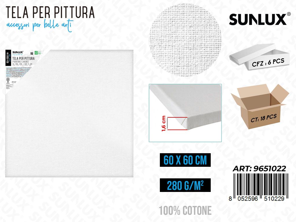 Sunlux Tela per Pittura 60*60CM 16MM 280GR