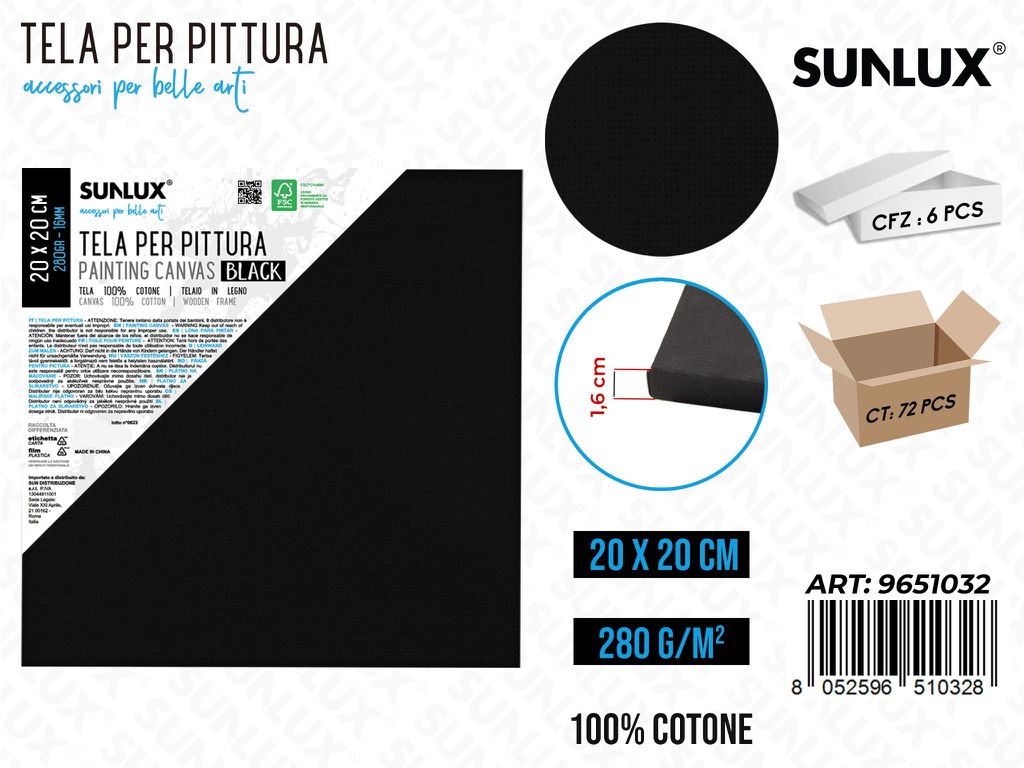 Sunlux Tela per Pittura Nero 20*20CM 280G