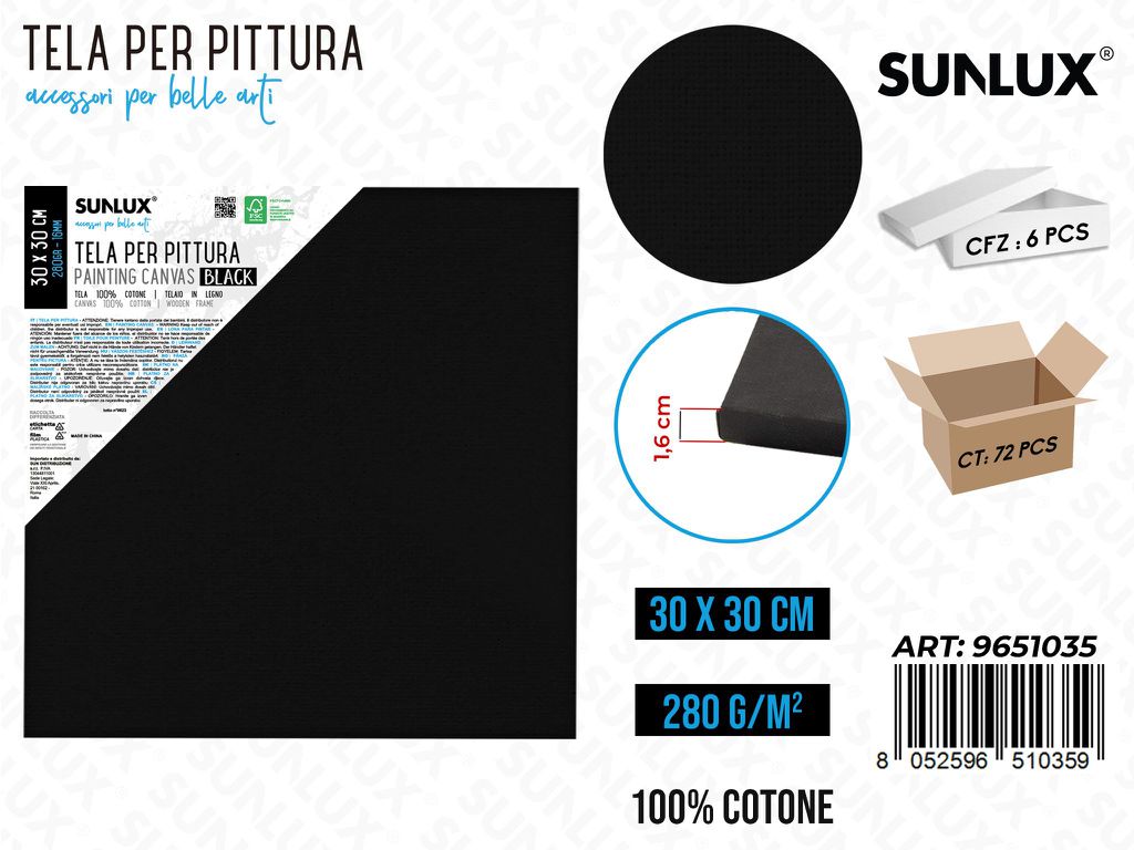 Sunlux Tela per Pittura Nero 30*30CM 280G