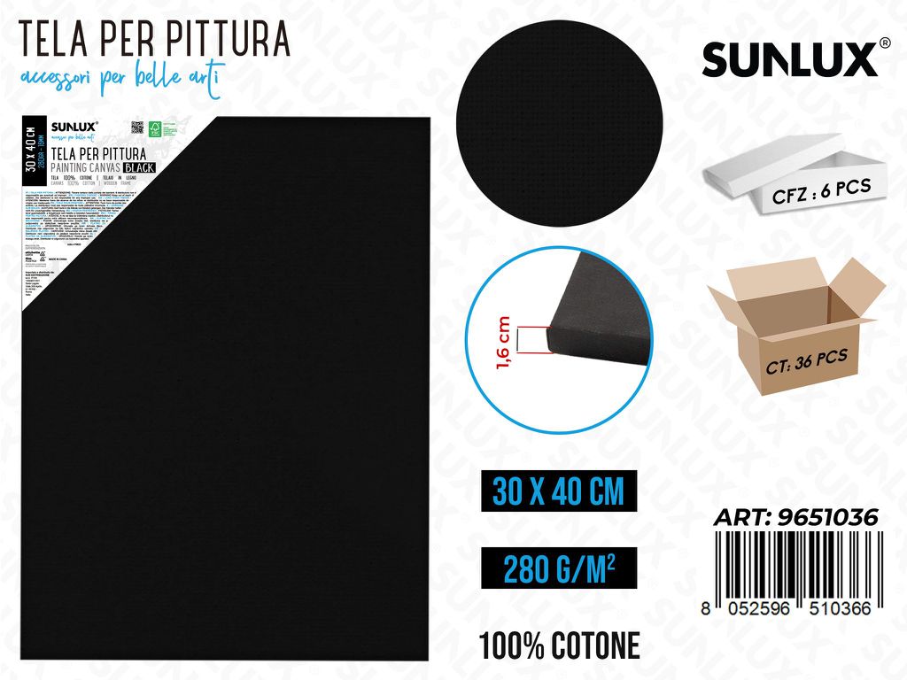 Sunlux Tela per Pittura Nero 30*40CM 280G