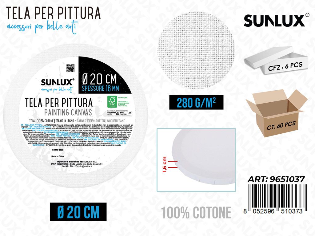 Sunlux Tela per Pittura Bianco D.20CM 280G
