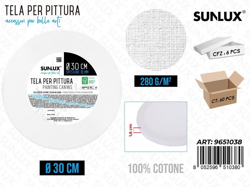 Sunlux Tela per Pittura Bianco D.30CM 280G