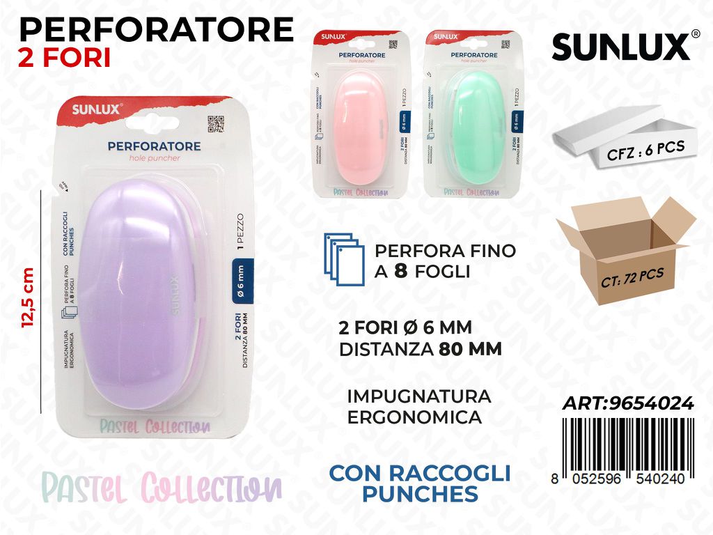 Sunlux Perforatori 2 Fori L. Pastel 12.5CM Ass.