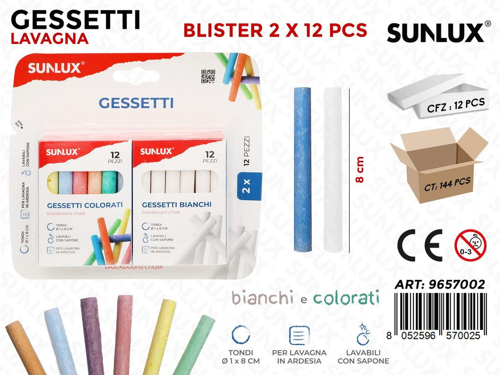 Sunlux Gessetti Lavagna 24PCS Bia-col. Ass. 8CM