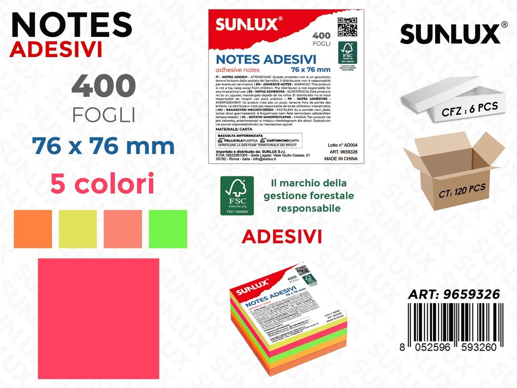 Sunlux Notes Adesivi 5COL. X Bl. 400FF 76*76MM