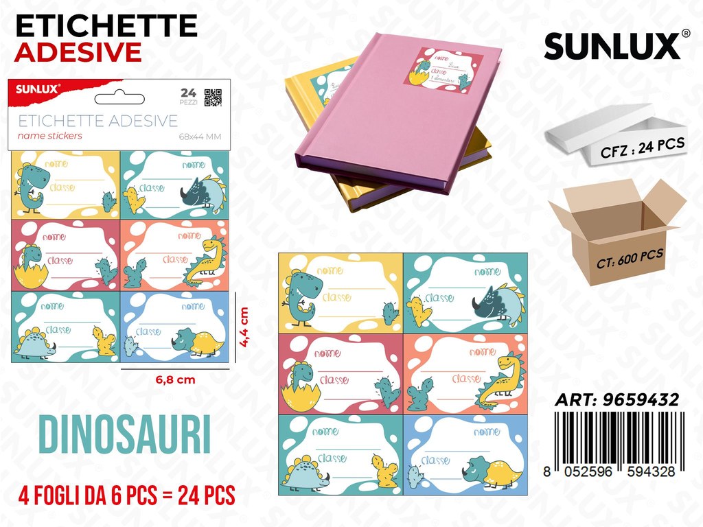 Sunlux Etichette Adv Dinosauri 24PCS Ass. 6.8*4.4CM