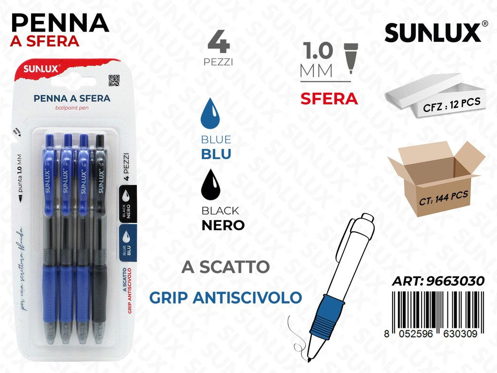 Sunlux Penna a Scatto Nero-blu 4PCS 1.0MM