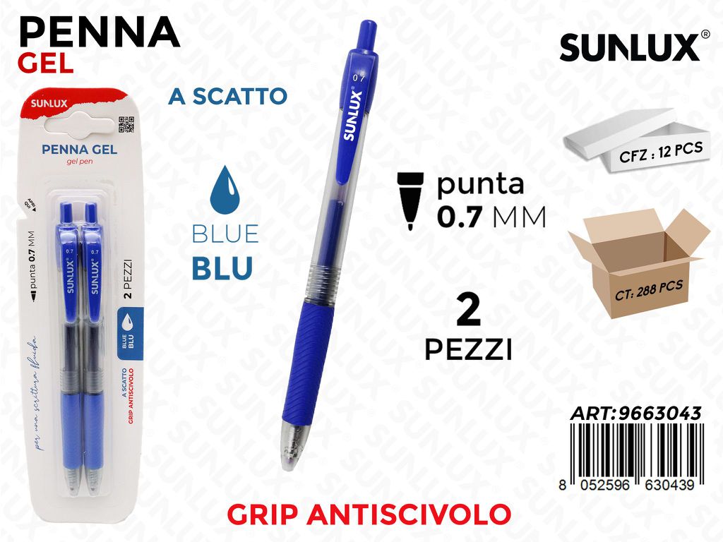Sunlux Penna Gel a Scatto Blu 2PCS 0.7MM